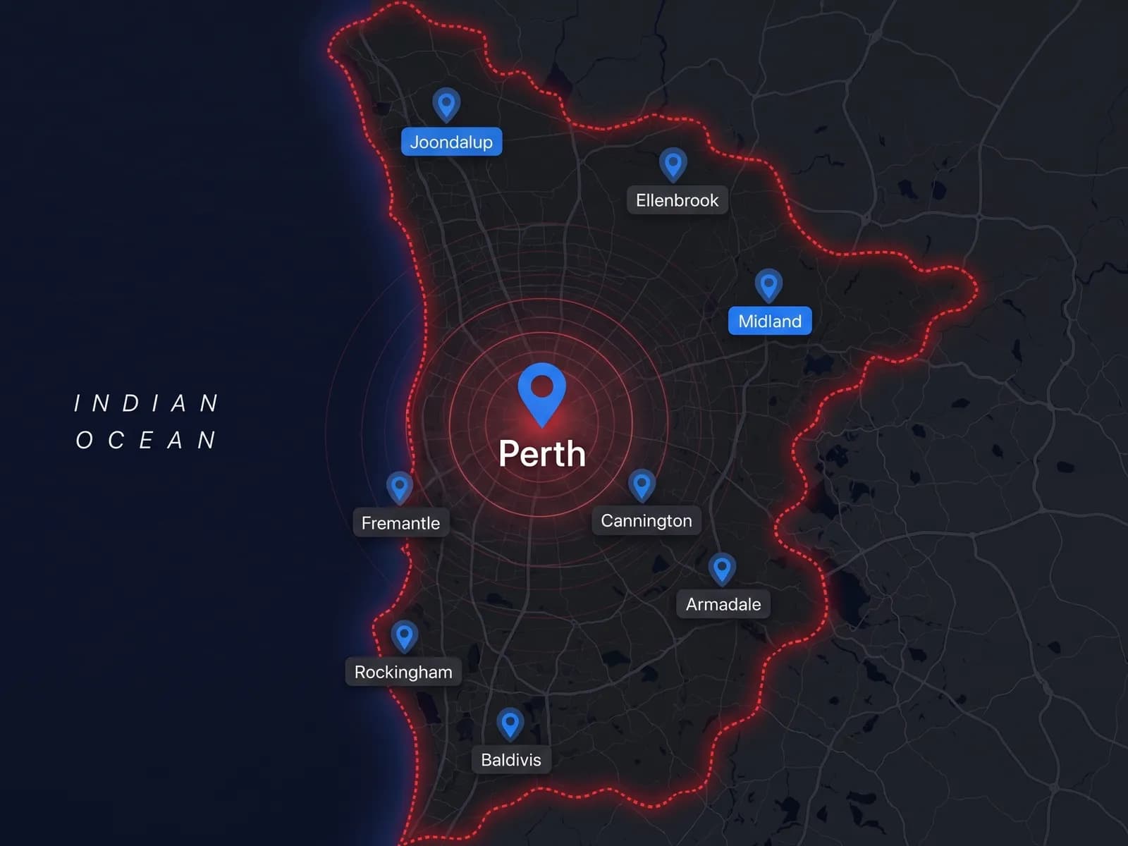 Map of Perth metro suburbs covered by Elite Garage Doors — Joondalup to Rockingham