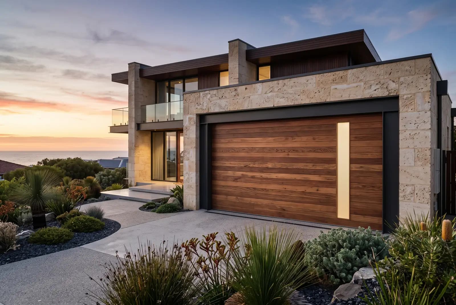 Custom spotted-gum timber-look garage door on a luxury coastal Perth home