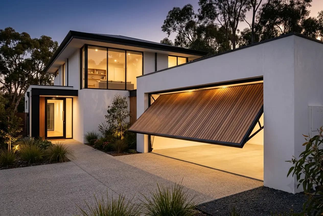 Cedar-look timber tilt garage door half-open on a minimalist Perth home at dusk