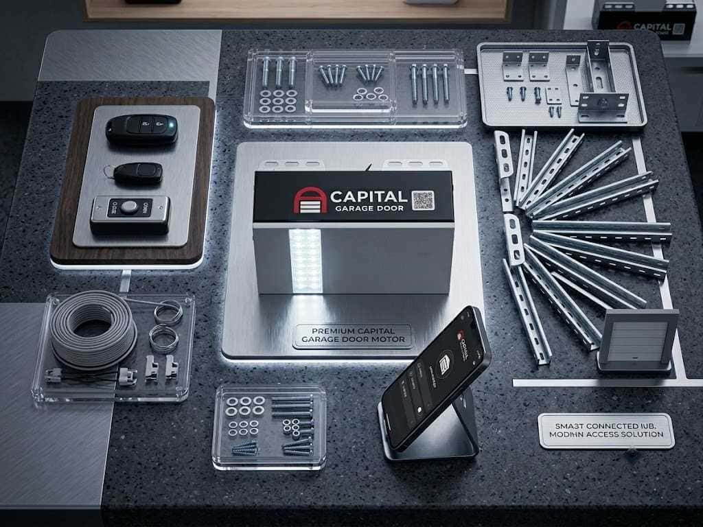 Capital garage door motor kit laid out: motor head, remotes, wall control, rail sections, brackets, fixings and smartphone app