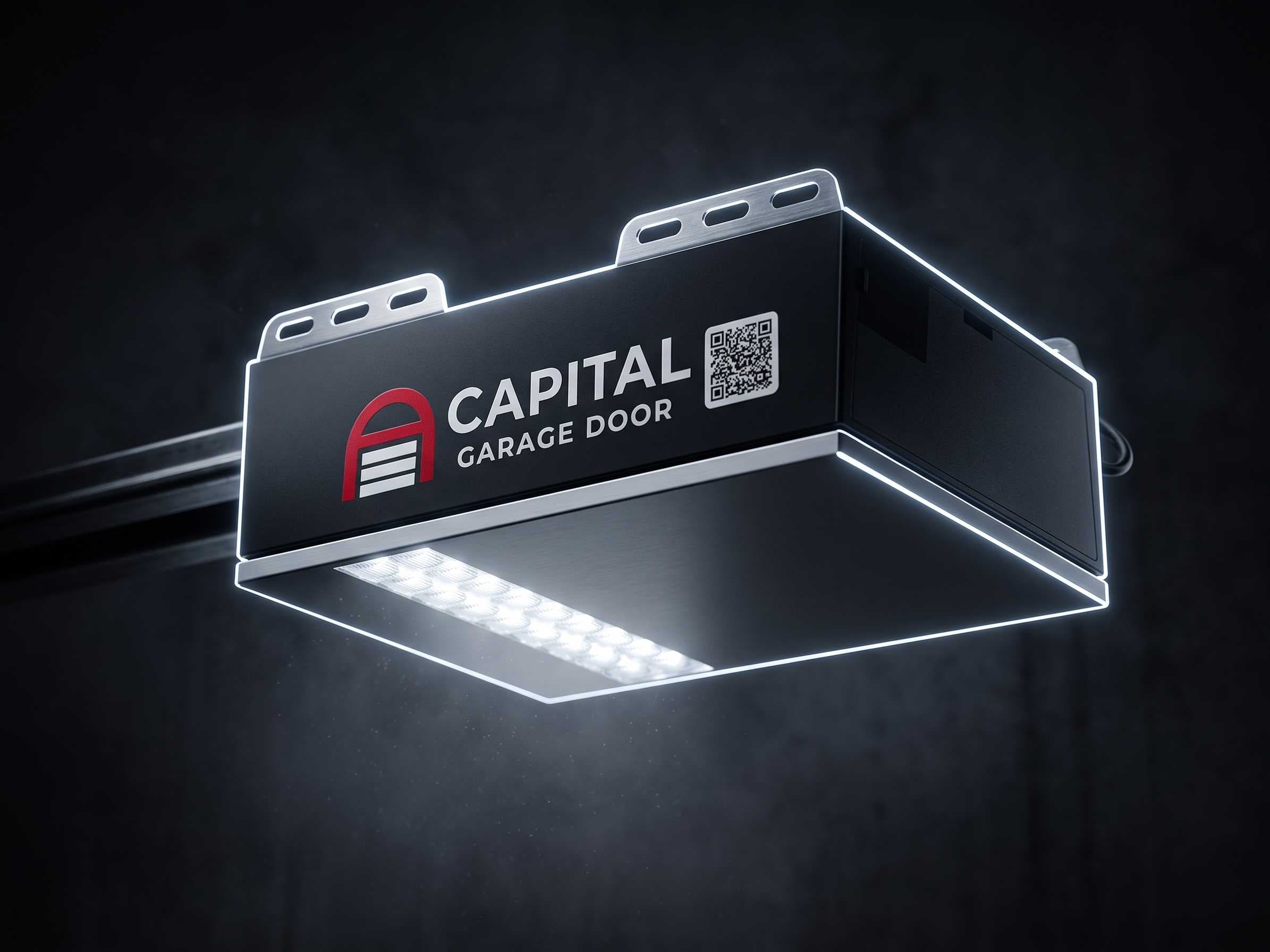 Capital garage door motor with glowing LED light strip — dark studio shot