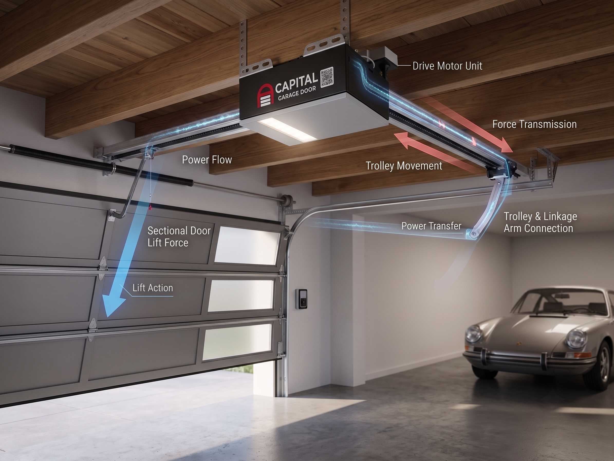Cutaway diagram of a Capital garage door motor lifting a sectional door: drive unit, belt rail, trolley and lift arm