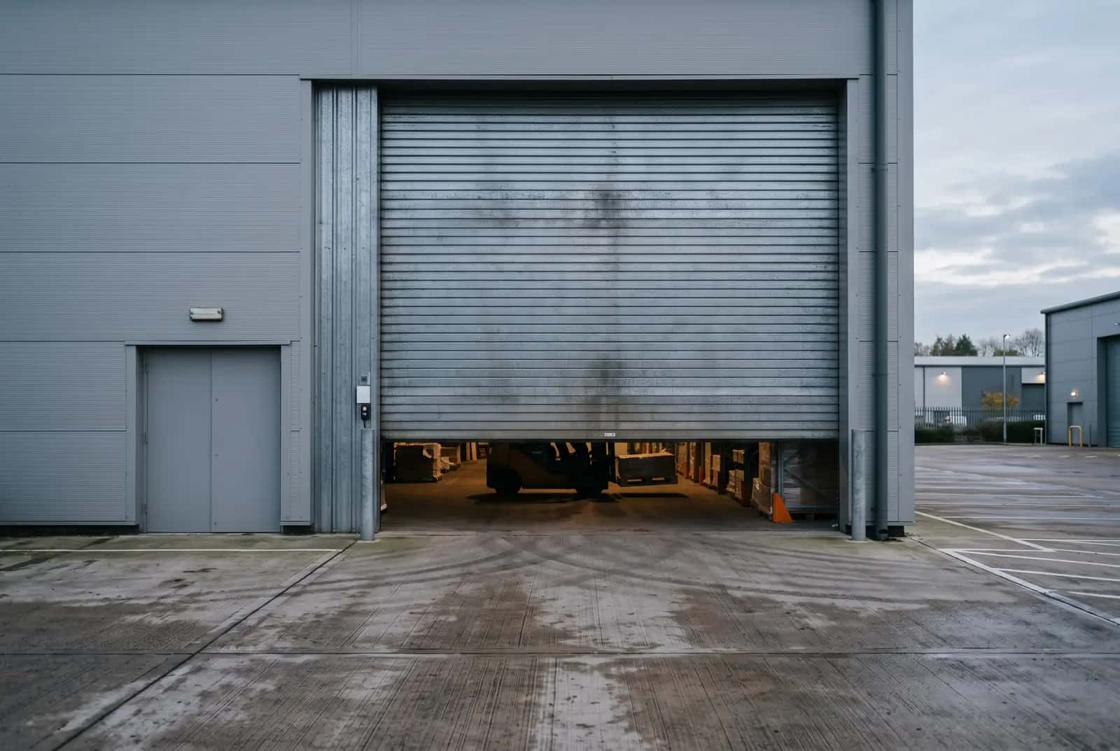 Large industrial roller shutter door inside a Perth warehouse with overhead gantry crane
