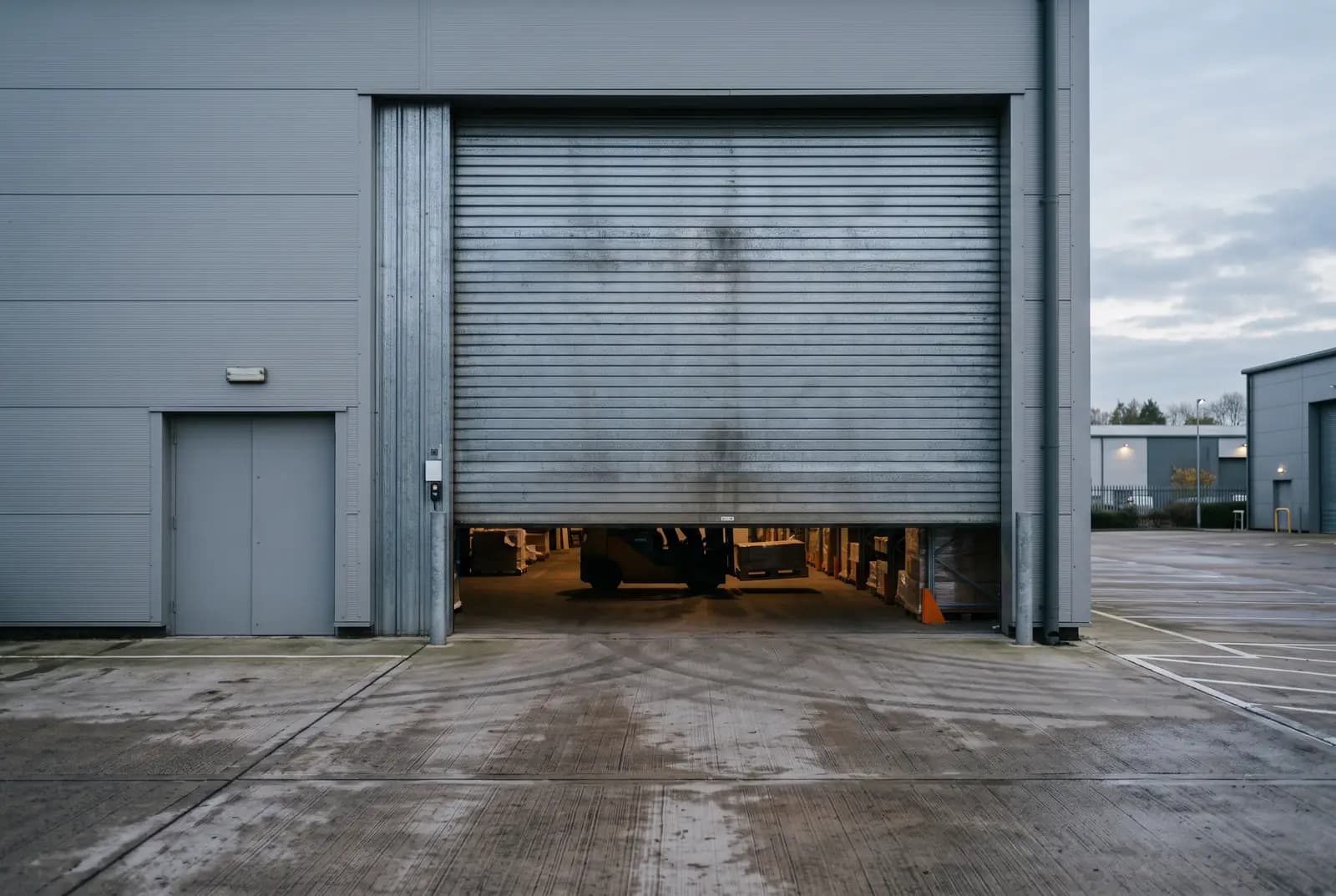 Large industrial roller shutter door inside a Perth warehouse with overhead gantry crane Large industrial roller shutter door inside a Perth warehouse with overhead gantry crane