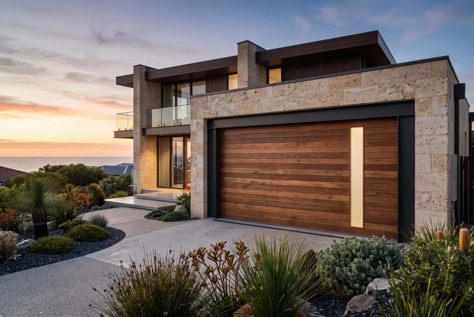 Custom vertical timber-batten garage door on a coastal Perth home overlooking the ocean