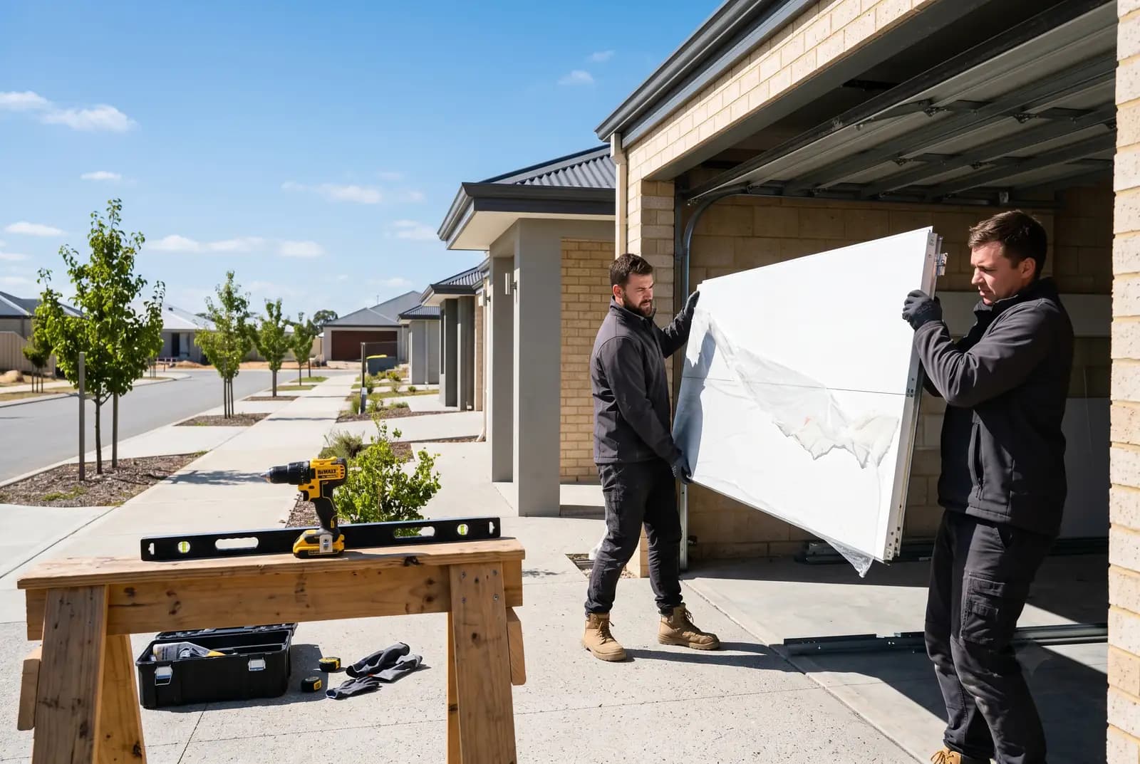 Garage Door Opener Battery Backup: Is It Worth It? Two technicians installing a new white sectional garage door panel at a Perth home