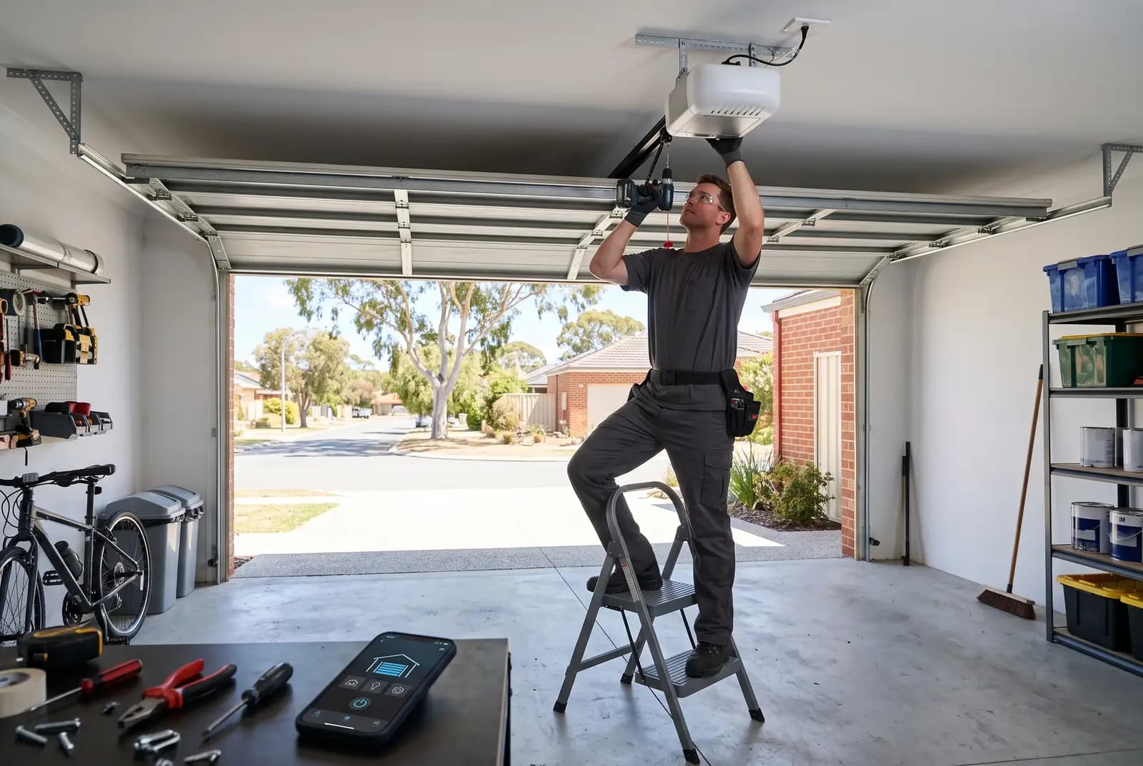 Technician inspecting a garage door opener unit in a Perth garage