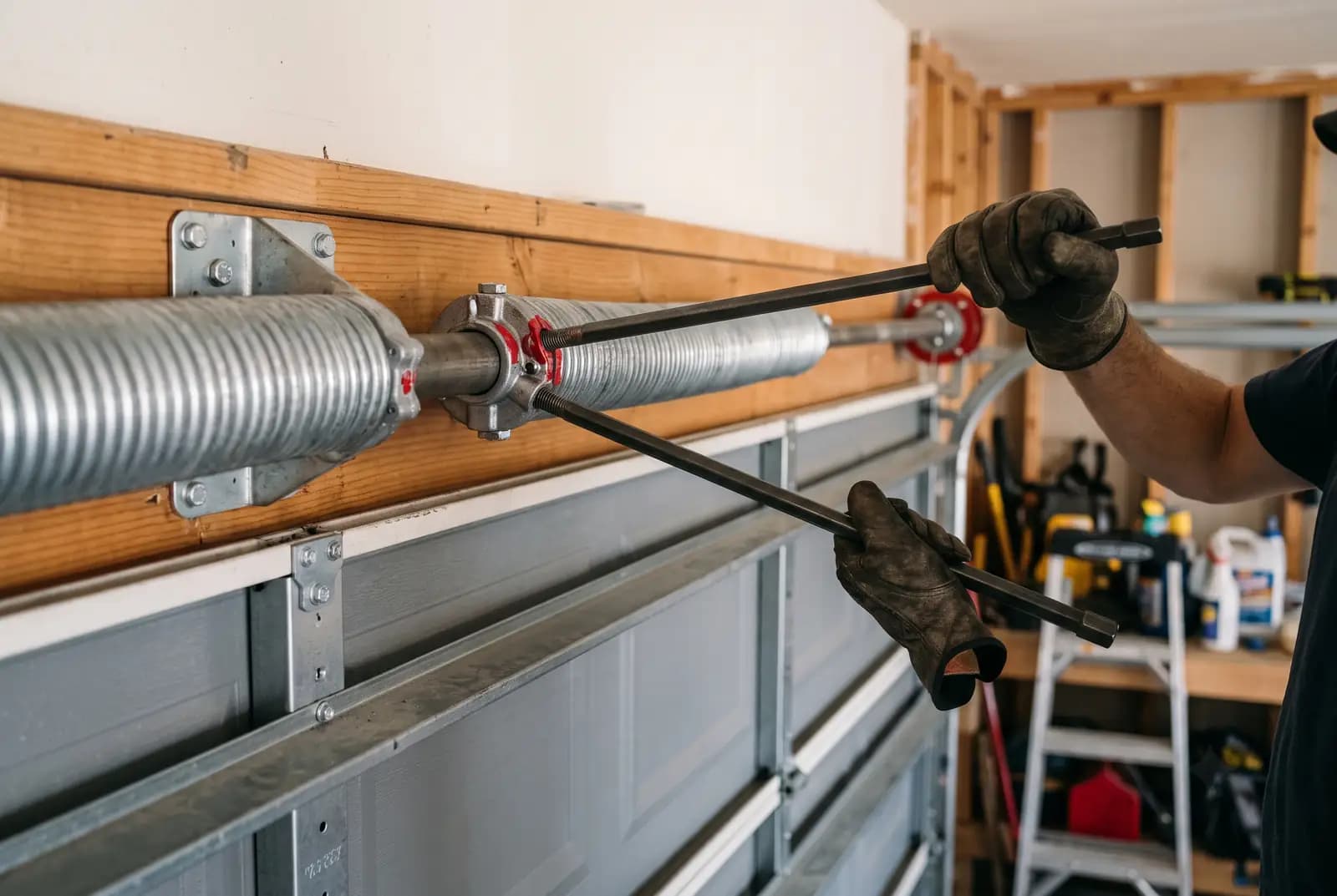 New torsion springs being tensioned with winding bars above a garage door