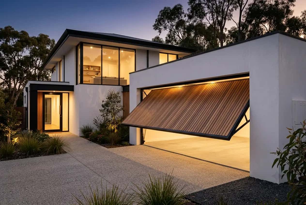 Matte black one-piece tilt garage door on a modern rendered Perth home